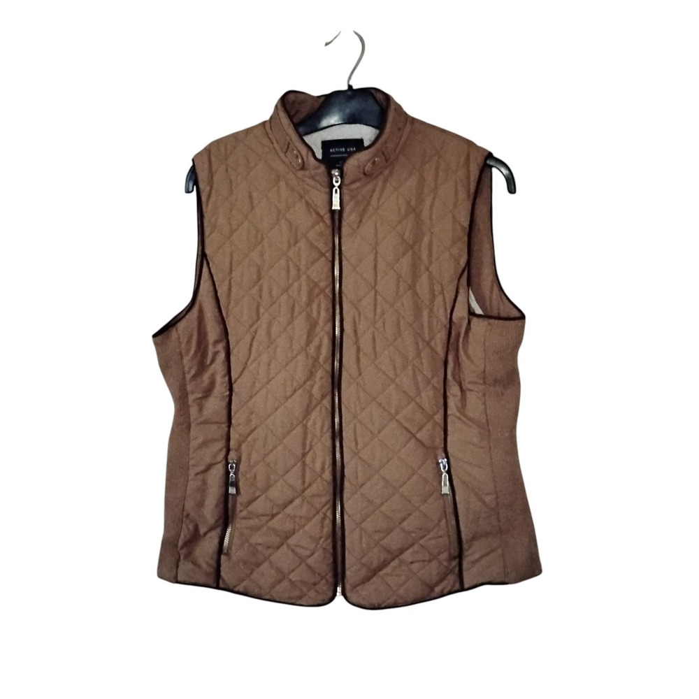 Active USA Brown Quilted Puffer Vest Faux Fur Sherpa Lined Mock Neck Large J1945